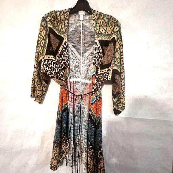 Chicos Size 1 Large Leopard Print Cardigan Tassel Sweater Cotton Shacket Boho - Picture 3 of 6